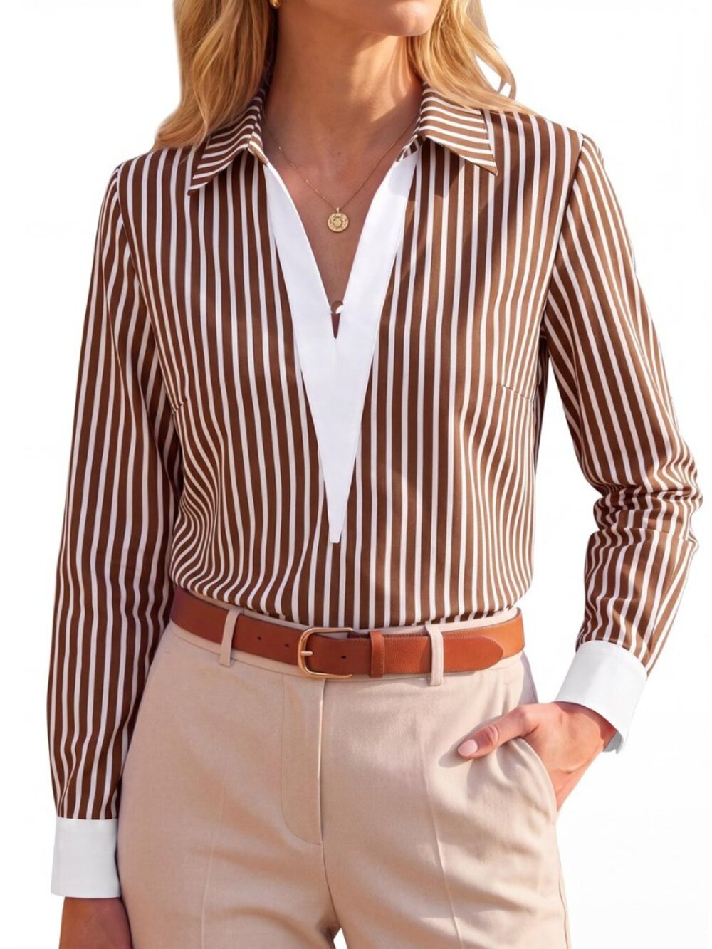 Womens Dressy Casual Blouses Striped Long Sleeve Work Tops